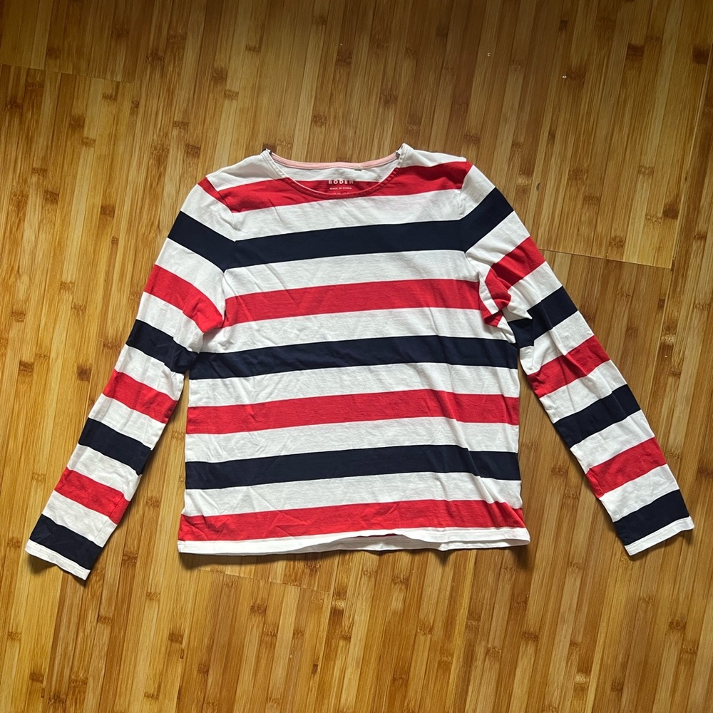 Boden White,Navy Blue & Red Striped Long Sleeve Cotton T-Shirt Size